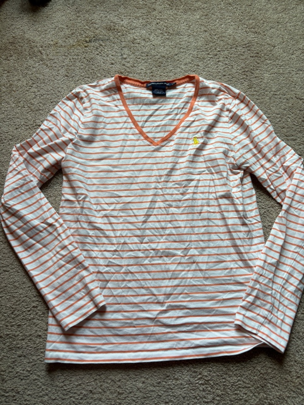 Ralph Lauren Striped V-Neck Tee - White & Peach